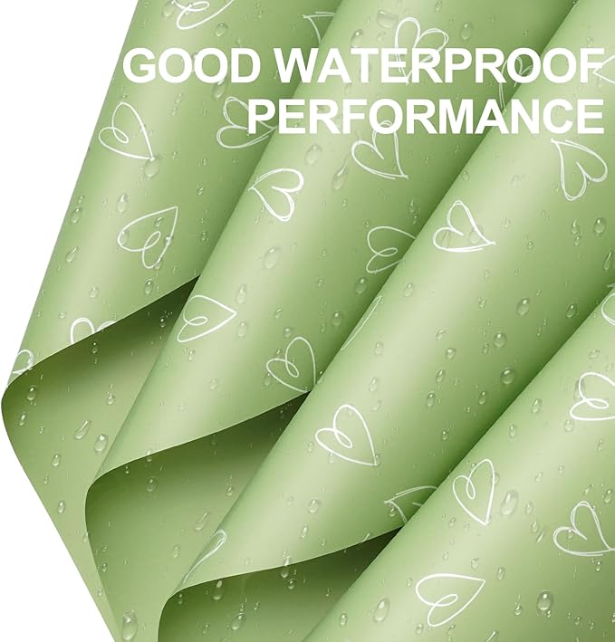 LeZakaa 20 Sheets Valentine Flower Wrapping Paper, Sage Green with White Heart Pattern Waterproof Floral Bouquet Paper, for Valentines, Mothers Day, Party, Romantic Birthday, Wedding, Anniversary