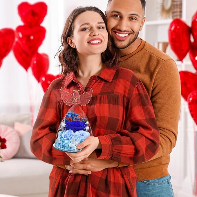 FIACO Gifts for Women Preserved Rose Forever Flower Rose in Glass Angel Figurine Preserved Fresh Flowers for Delivery Prime Mothers Day Birthday Gifts for Mom Grandma Wife Sister Blue