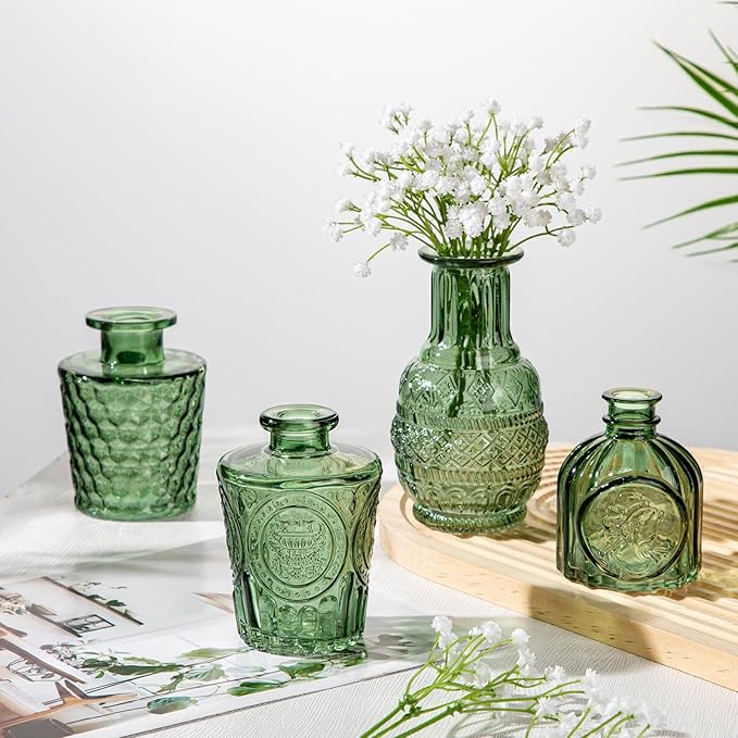Glass Bud Vases Set of 10, Small Flower Vase in Bulk for Centerpieces, Mini Vintage Peacock Green Vases for Rustic Wedding Vintage Home Table Decor