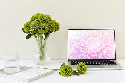 SITUMEIZI 12 Pcs Green Artificial Chrysanthemums Flowers Ball Flower Fake Mums Silk for Wedding Home Kitchen Decoration Floral Arrangement