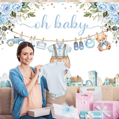 Sensfun Cute Clothes Baby Shower Backdrop for Boys Oh Baby Newborn Blue Floral Eucalyptus Leaves Adventure Baby Shower Party Decorations Banner Supplies Photo Booth Studio Props 7x5ft