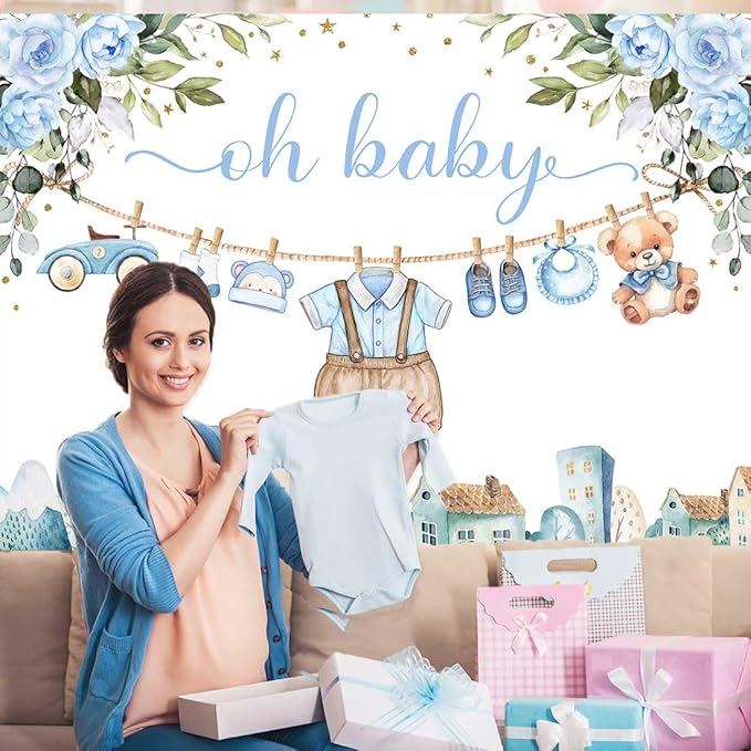 Sensfun Cute Clothes Baby Shower Backdrop for Boys Oh Baby Newborn Blue Floral Eucalyptus Leaves Adventure Baby Shower Party Decorations Banner Supplies Photo Booth Studio Props 8x6ft