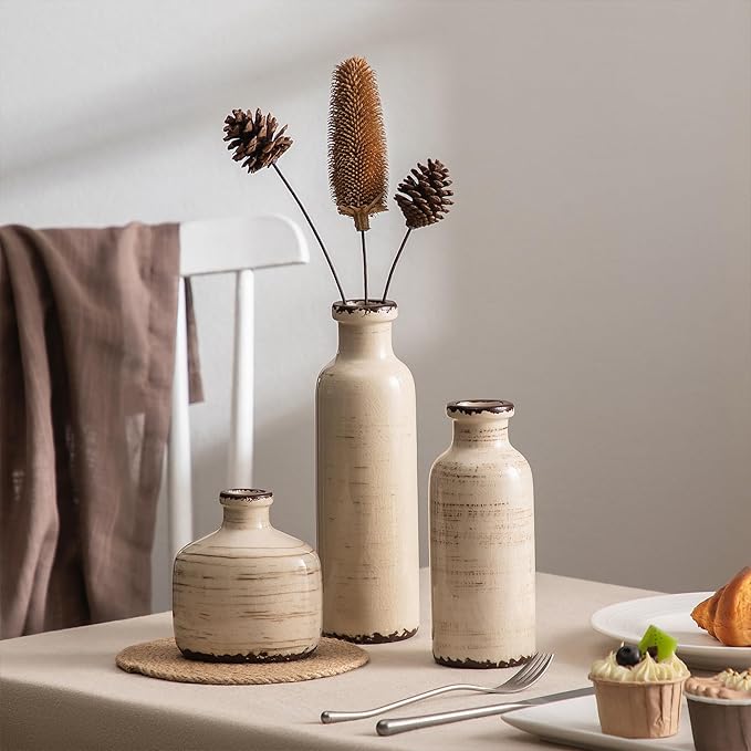 Ceramic Vase Set of 3 White - Ice Creak Bud Vases Set for Flower Centerpieces Decor - Vintage Samll Vase for Pampas Grass - Modern Decoration for Home Farmhouse Table Office, Mini Vase by Lyeec