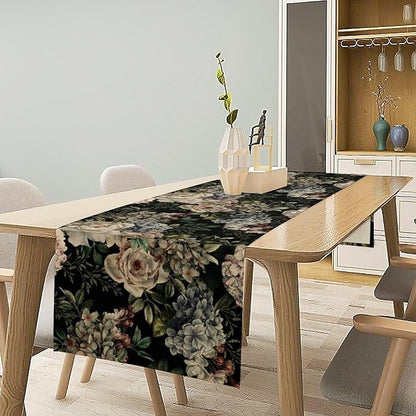 Retro Floral Table Runner, Dark Watercolor Flowers Boho Gothic Botanical Plant Art Table Runner for Indoor Outdoor Dinner Party Decor, 13x108inch