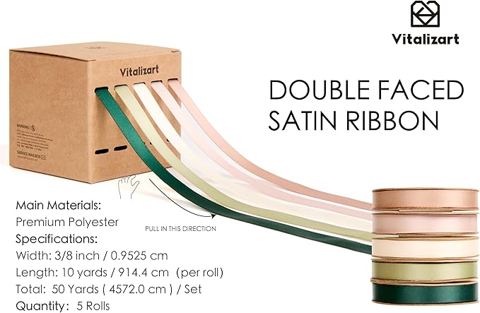 Vitalizart Ribbons for Crafts 3/8" x 50 Yd Satin Ribbon Double Face Gift Wrapping Silk Like Fabric Flower Bouquet Birthday Party Decorations Bridal Shower Wreath Hair Continuous Green Cream Nude