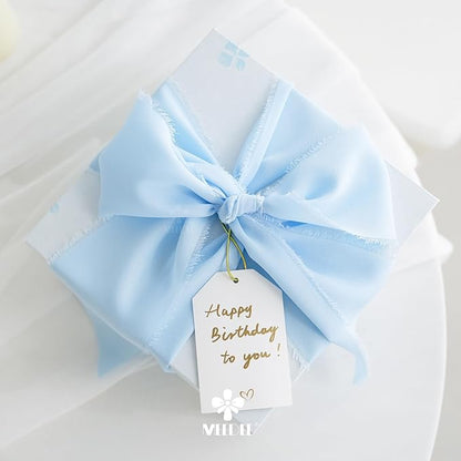 MEEDEE Light Blue Chiffon Ribbon 3 Inch Fringe Ribbons Baby Blue Chiffon Silk Frayed Edge Ribbon Wide Chiffon Ribbons for Crafts, Flower Bouquet, Wedding Favors Wrapping (2 Rolls 10 Yards)
