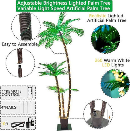 6FT Lighted Artificial Palm Tree with Three Trunks and Upgraded 260 LED Lights - Outdoor/Indoor Use, Perfect for Tiki Bars, Patios, Homes, Offices, Beaches, Yards Pool and Cruise Party