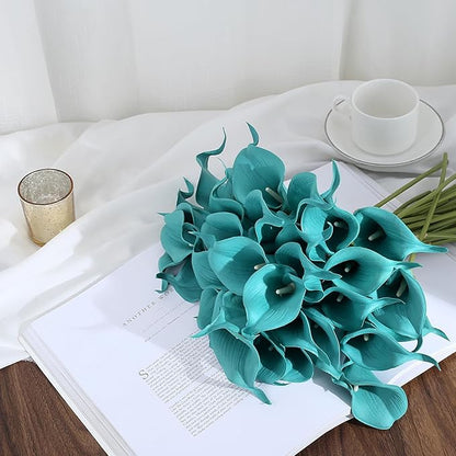 24 Pcs Teal Flowers Artificial Calla Lily Flower Fake Teal Silk Flowers Real Touch for Wedding Bouquet Home Kitchen Decor
