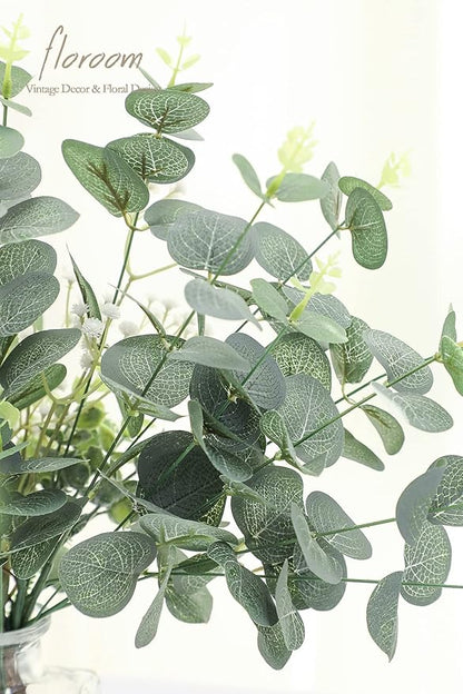 Floroom 3 Kinds of Artificial Silver Dollar Eucalyptus Stems Faux Greenery Spray, 19pcs Best Filler Fake Plants for DIY Bouquet Wedding Centerpieces