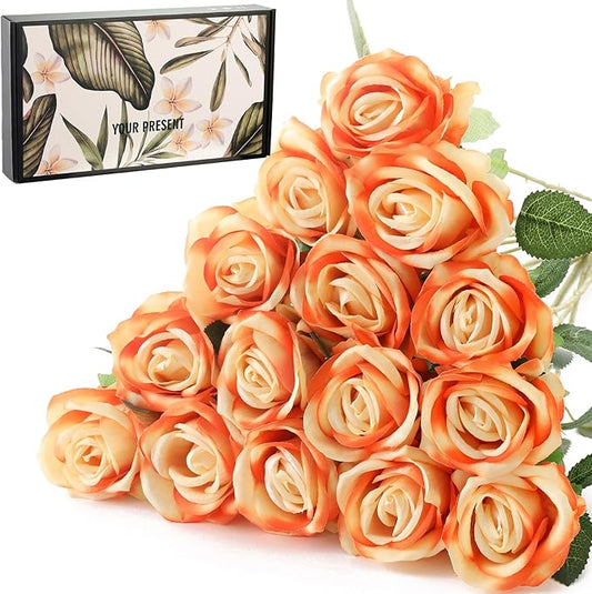 15Pcs Pearl Sunset Red Roses Artificial Flowers Fake Roses Long Stem Velet Rose Silk Flowers for Home Wedding Decoration (Pearl Roses,Sunset Red)