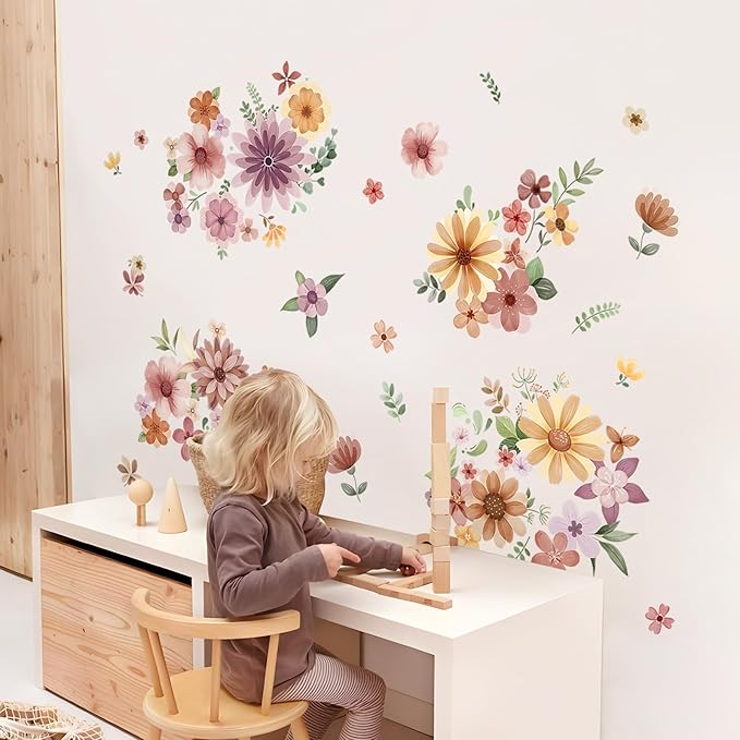 Retro Boho Wildflower Wall Stickers, Vintage Garden Floral Wall Decals 7 Sheets DIY Peel and Stick Wall Decal Self Adhesive Home Decor for Bedroom Offices Sofa TV Backdrop Wall
