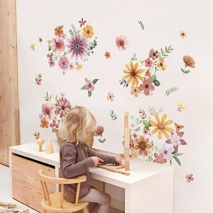 Retro Boho Wildflower Wall Stickers, Vintage Garden Floral Wall Decals 7 Sheets DIY Peel and Stick Wall Decal Self Adhesive Home Decor for Bedroom Offices Sofa TV Backdrop Wall