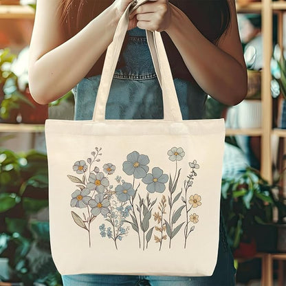 Aesthetic Floral Canvas Tote Bag for Women with Pocket, Tote Bags for Grocery Shopping Work Gym Christmas Birthday
