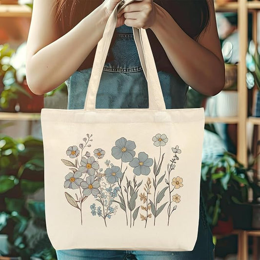 Aesthetic Floral Canvas Tote Bag for Women with Pocket, Tote Bags for Grocery Shopping Work Gym Christmas Birthday