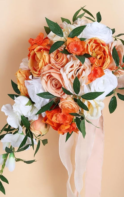 Wedding Bouquet,10 Inch Terracotta Bouquet Cascading Bridal Bouquets for Bride for Wedding Ceremony and Anniversary(Orange)