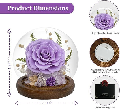 Preserved Rose Forever Flower in Glass - Birthday Gifts for Women Mom, Real Flowers for Delivery Prime | Rose Gift for Grandma Wife Sister Friend (Purple)