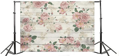 AOFOTO 12x10ft Vintage Floral Wooden Plank Backdrop Retro Wood Board with Pink Roses Photography Background Mother's Day Lady Girl Woman Portrait Wedding Birthday Party Supplies Photo Studio Props