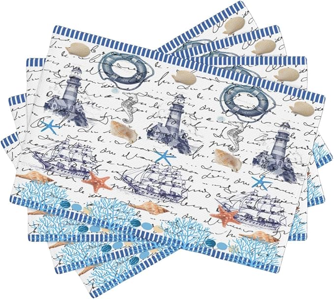 Starfish Placemats, Simple Vintage Watercolour Coral Ocean Shell Lighthouse Seahorse Sailboat Coastal Theme Print Washable Fabric Placemats Table Kitchen Dining Party 12x18 Inch Set of 4