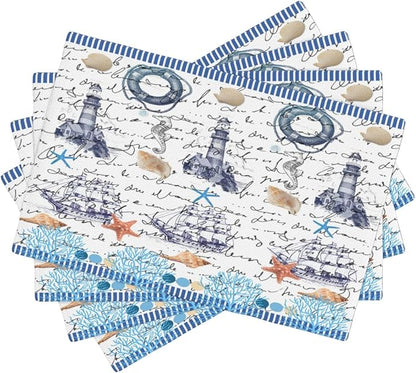 Starfish Placemats, Simple Vintage Watercolour Coral Ocean Shell Lighthouse Seahorse Sailboat Coastal Theme Print Washable Fabric Placemats Table Kitchen Dining Party 12x18 Inch Set of 6