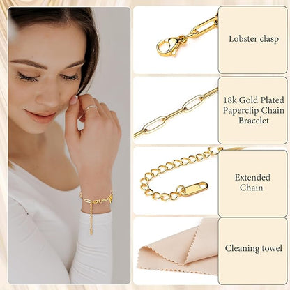 Starry 30pcs Gold Charm Bracelet Making kit 6.3Inch 18k Gold Plated Paperclip Chains Adjustable Bracelets with Lobster Clasps for DIY Women Jewelry Findings Bracelet Making Supplies Accessories