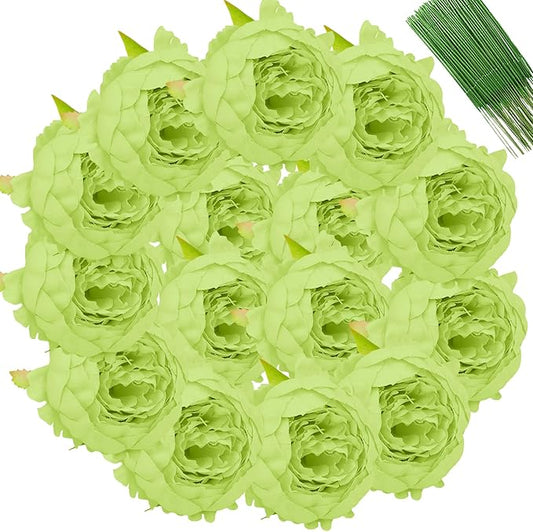 FagusHome 25 Pcs Silk Peony Artificial Flower Heads 4 inch Fake Peony Flowers Heads with Stems Artificial Peony Flower Heads in Bulk Wholesale for Wedding Home Decor (Light Green)