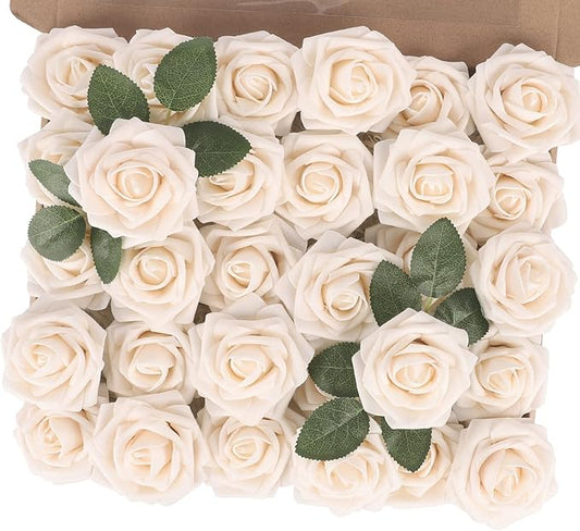 MACTING Artificial Flower Roses 30PCS Real Touch Fake Flowers with Stem Foam Roses for DIY Wedding Bouquet Table Centerpieces Bridal Shower Party Home Spring Valentines Day Decorations (Cream)