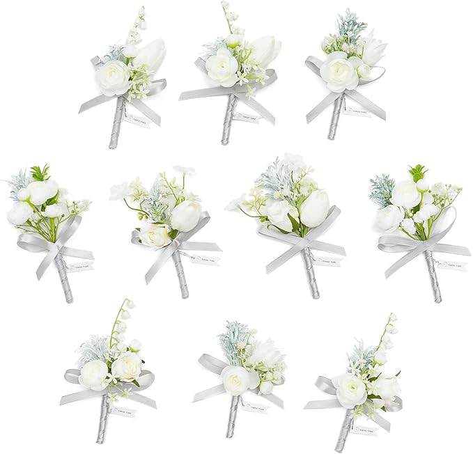 TINGE TIME Boutonniere for Men Wedding,Groom and Best Man Boutonniere for Wedding Ceremony Anniversary, Formal Dinner Party and Rustic Spring Wedding Marriage (10, White)