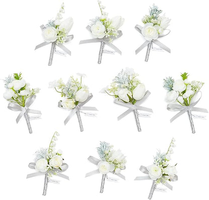TINGE TIME Boutonniere for Men Wedding,Groom and Best Man Boutonniere for Wedding Ceremony Anniversary, Formal Dinner Party and Rustic Spring Wedding Marriage (10, White)
