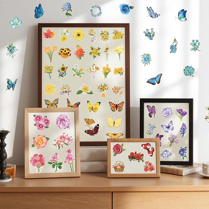 200Pcs Transparent Flower Butterfly Stickers, Aesthetic Nature Floral Decals for Girls Kids Teens Adults, Waterproof Sticker for Water Bottle Scrapbooking Laptop DIY Card Letters Party Supplies