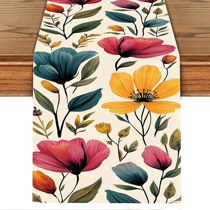 Watercolor Floral Table Runner – Elegant Red, Blue & Purple Blooms on Beige, 13x72 Inch Linen-Look Fabric for Dining Table, Kitchen, Spring & Summer Home Decor, Everyday Use