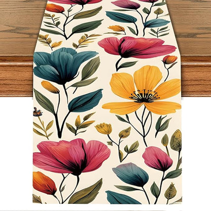 Watercolor Floral Table Runner – Elegant Red, Blue & Purple Blooms on Beige, 13x72 Inch Linen-Look Fabric for Dining Table, Kitchen, Spring & Summer Home Decor, Everyday Use