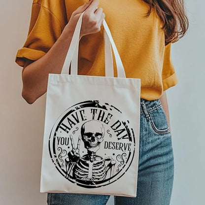 ANATTASOUL Halloween Canvas Tote Bag Black Skull Circle Reusable Cotton Bag for Women, Durable Cloth Shoulder Bags with Zipper Pockets for Shopping, Vacation, Work, Gym