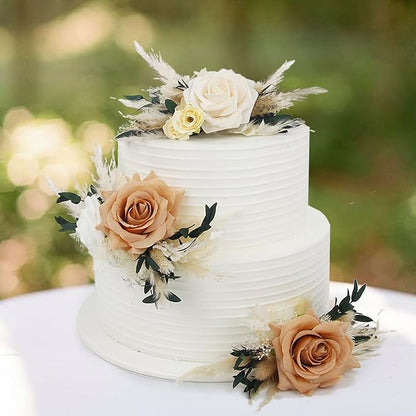 Rinlong 3Pcs Pre-made Boho Cake Toppers Pampas Cake Decorations Birthday Wedding Cake Decorating Flowers Baptism Decor for Women Girls
