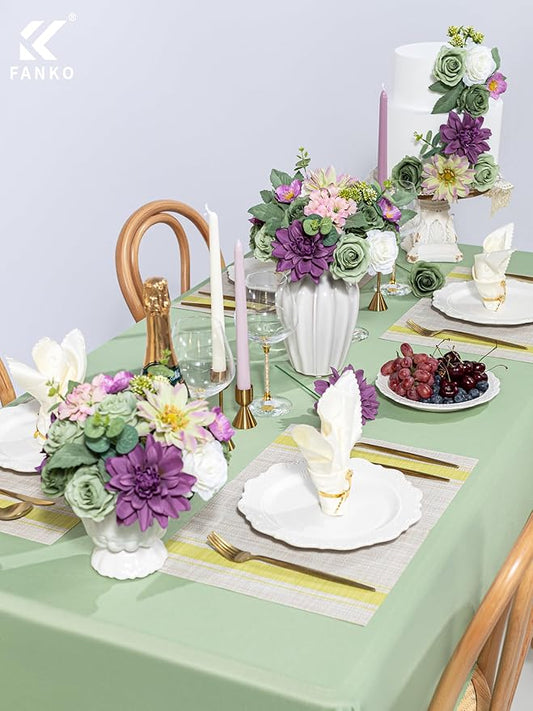 FANKO Artificial Flowers Green Rose, Mixed Combo Fake Silk Flowers White Rose Purple Dahlia Gradient Vintage Assorted Blooms for DIY Wedding Bridal Bouquets/Centerpieces/Home Decor