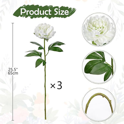 Briful 3PCS Faux Peony Flower Stems, 25.5" Artificial Peony Flowers Realistic Fake Flowers for Vase Arrangements Wedding Centerpieces Decoration(White)