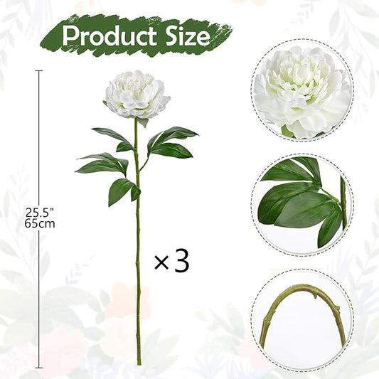 Briful 3PCS Faux Peony Flower Stems, 25.5" Artificial Peony Flowers Realistic Fake Flowers for Vase Arrangements Wedding Centerpieces Decoration(White)