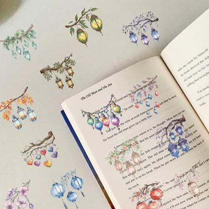 50PCS Watercolor String Light Stickers - Transparent PET Waterproof Lantern Decals for DIY Crafts, Journals, Bottles, Phone Cases