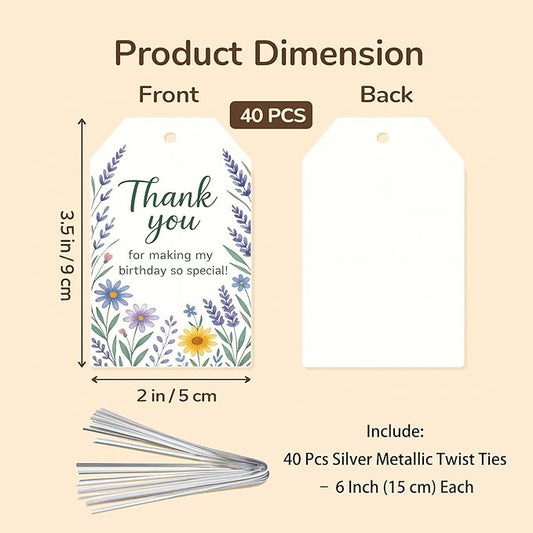 40 PCS Floral Birthday Favor Tags, Birthday Thank You Tag, Thank You for Making My Birthday So Special Tag, Wildflower Girls Birthday Favors Tags, Floral Garden Birthday Party Thank You Tag, 2x3.5"