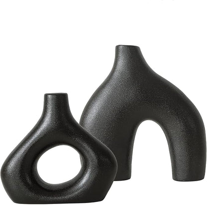 BLACK Ceramic Vase Set of 2 for Modern Home Decor, Round Matte Donut Vases for Pampas Grass, Neutral Boho Nordic Minimalism Style Flower Vases for Living Room Wedding Dinner Table Party Office Bedroom