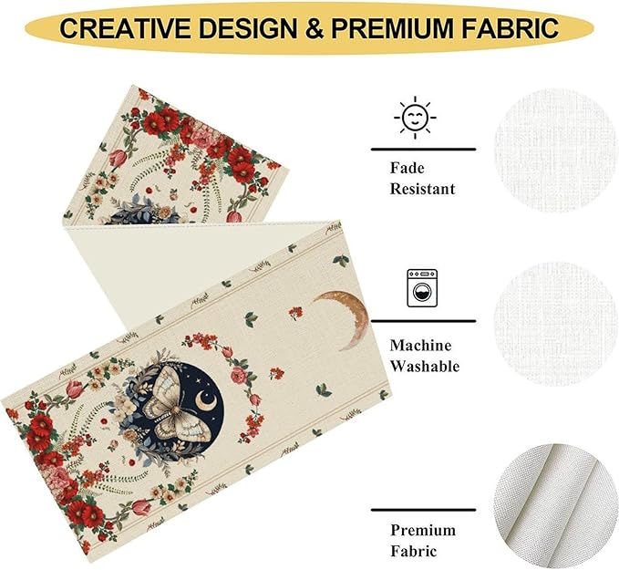 Gothic Moth Table Runner, Boho Floral Gothic Sun Moon Phase Mystical Witchy Starlight Coffee Table Center Decor for Home Kitchen Dining Patio Holiday Party Table Decorations 13x90 inches