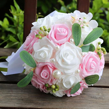 Lightweight Bridal Wedding Bouquet Round Holding Bouquet Throw Toss Artificial Rose Flower Bunch for Bride Bridesmaid Wedding Quinceanera (White & Pink, 6.7")