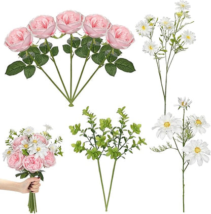 Peonies Artificial Flowers 9PCS Long Faux Pink Flowers Artificial Realistic Peony Daisies Silk Flower Arrangements 18.5" Fake Flowers for Vase Centerpiece Wedding Party Home Decor DIY Bridal Bouquet