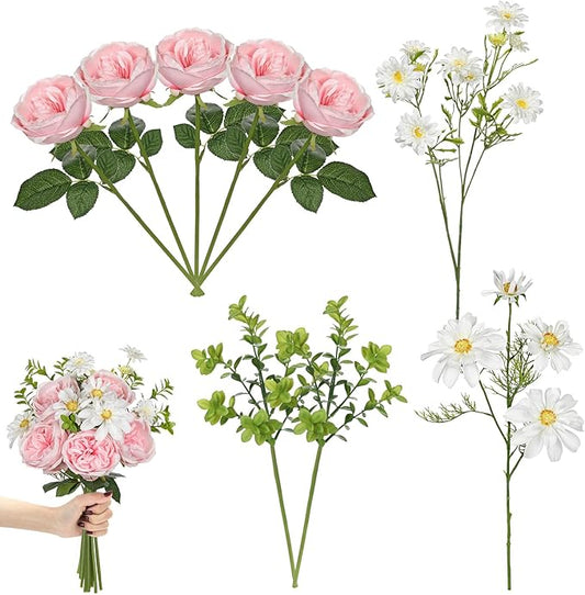 Peonies Artificial Flowers 9PCS Long Faux Pink Flowers Artificial Realistic Peony Daisies Silk Flower Arrangements 18.5" Fake Flowers for Vase Centerpiece Wedding Party Home Decor DIY Bridal Bouquet