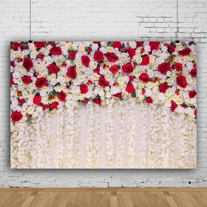 12x8ft Flower Wall Wedding Backdrop White Red Roses Romantic Spring Blooming Floral Photo Background for Valentine's Day Bridal Shower Mothers Day Birthday Newborn Decorations Photo Props