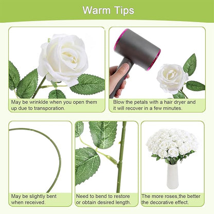 12Pcs White Roses Artificial Flowers Fake Roses Faux Velvet Silk Flower for Home Wedding Decoration (Pearl Rose, White)