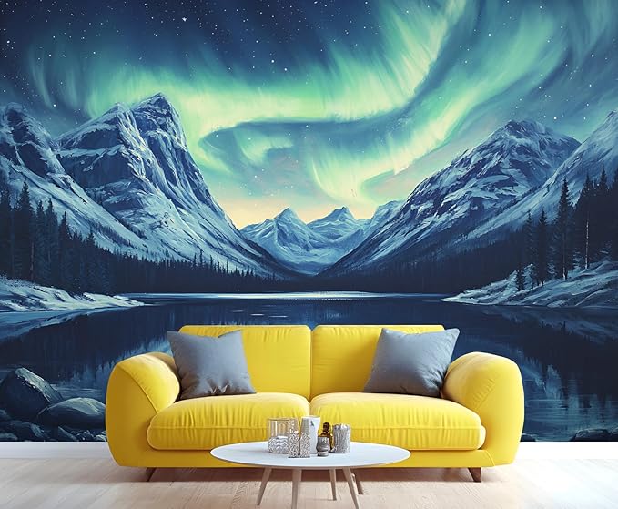 Northern Lights Mountain Wall Mural, Aurora Borealis Lake 3D Wall Murals, Snowy Peaks Starry Sky Wallpaper Mural, for Living Room Bedroom Large Wallpaper Indoor Decor 118" W x 82.6 "H