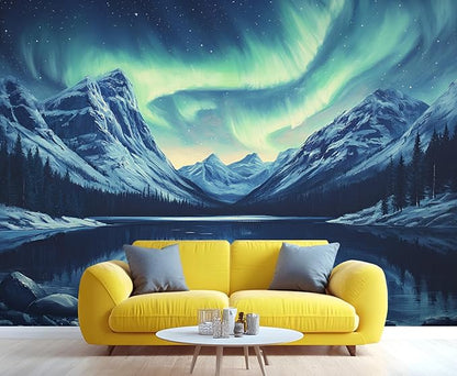 Northern Lights Mountain Wall Mural, Aurora Borealis Lake 3D Wall Murals, Snowy Peaks Starry Sky Wallpaper Mural, for Living Room Bedroom Large Wallpaper Indoor Decor 98.4" W x68.9 H