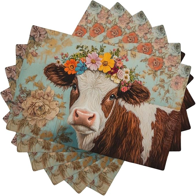 Farmhouse Cow Placemats Set of 6 Washable Table Mats Spring Cow Floral Heat-Resistant Cotton Linen Place Mats for Dining Table Kitchen Indoor Outdoor Party Holiday Decor