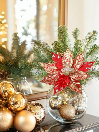 Hollyone 3PCS Poinsettia Christmas Flowers Artificial 11" Large Red and Gold Glitter Poinsettia Flowers Christmas Tree Ornaments Floral Picks for Tree Wreath Garland Vase Table Centerpiece Home Decor