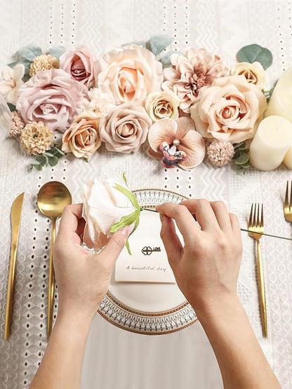 Artificial Flowers Set Champagne Coffee Silk Fake Flowers with Stems for DIY Wedding Bridal Bouquets Cake Arch Floral Arrangement Table Centerpieces Baby Shower Party Home Decorations